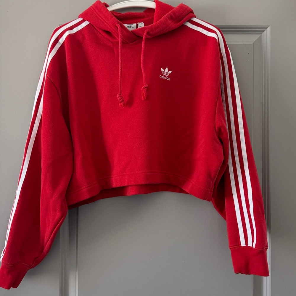 Adidas Scarlet Hoodie with White Stripes. Cropped. Excellent condition